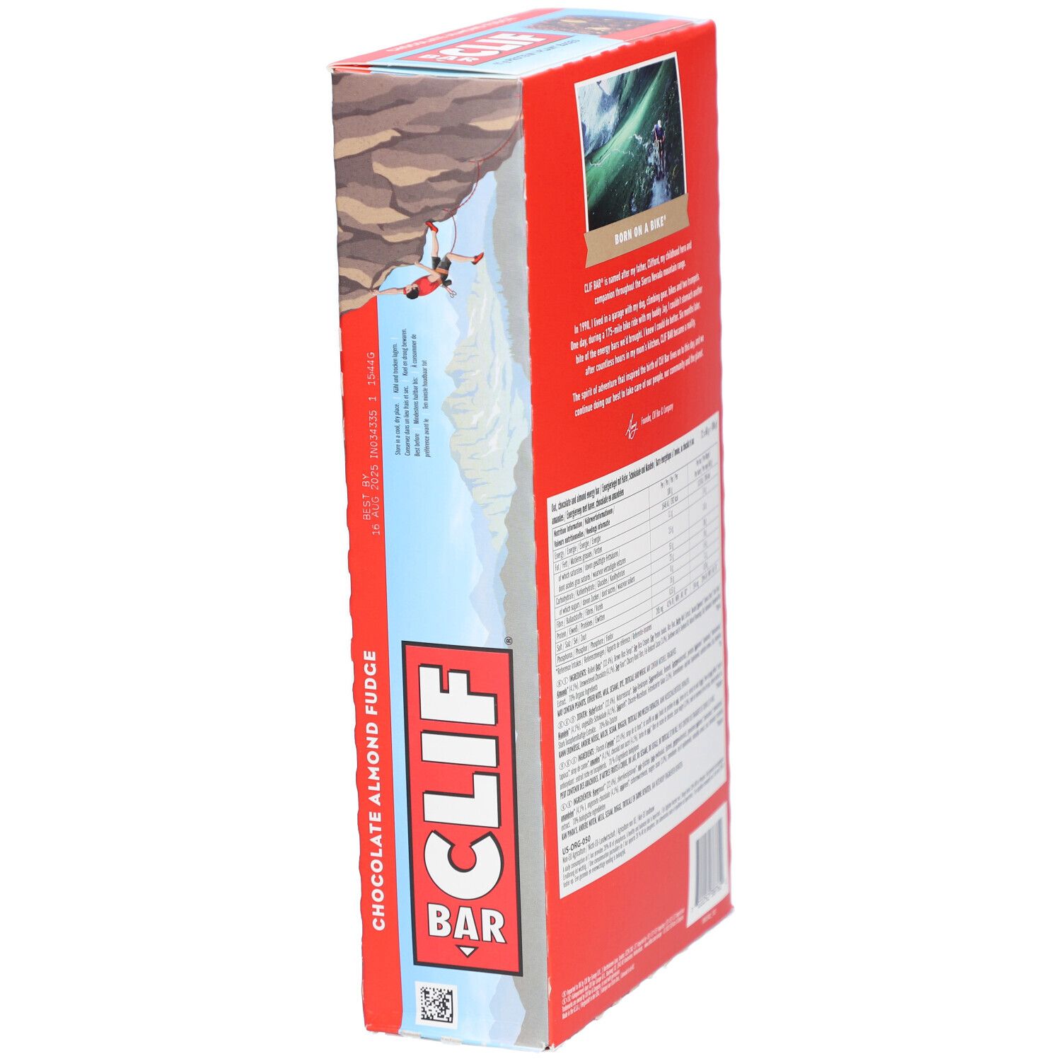 Emballage rouge étroit de Clif Bar Chocolate Almond Fudge. Côté avec nom du produit et informations nutritionnelles.