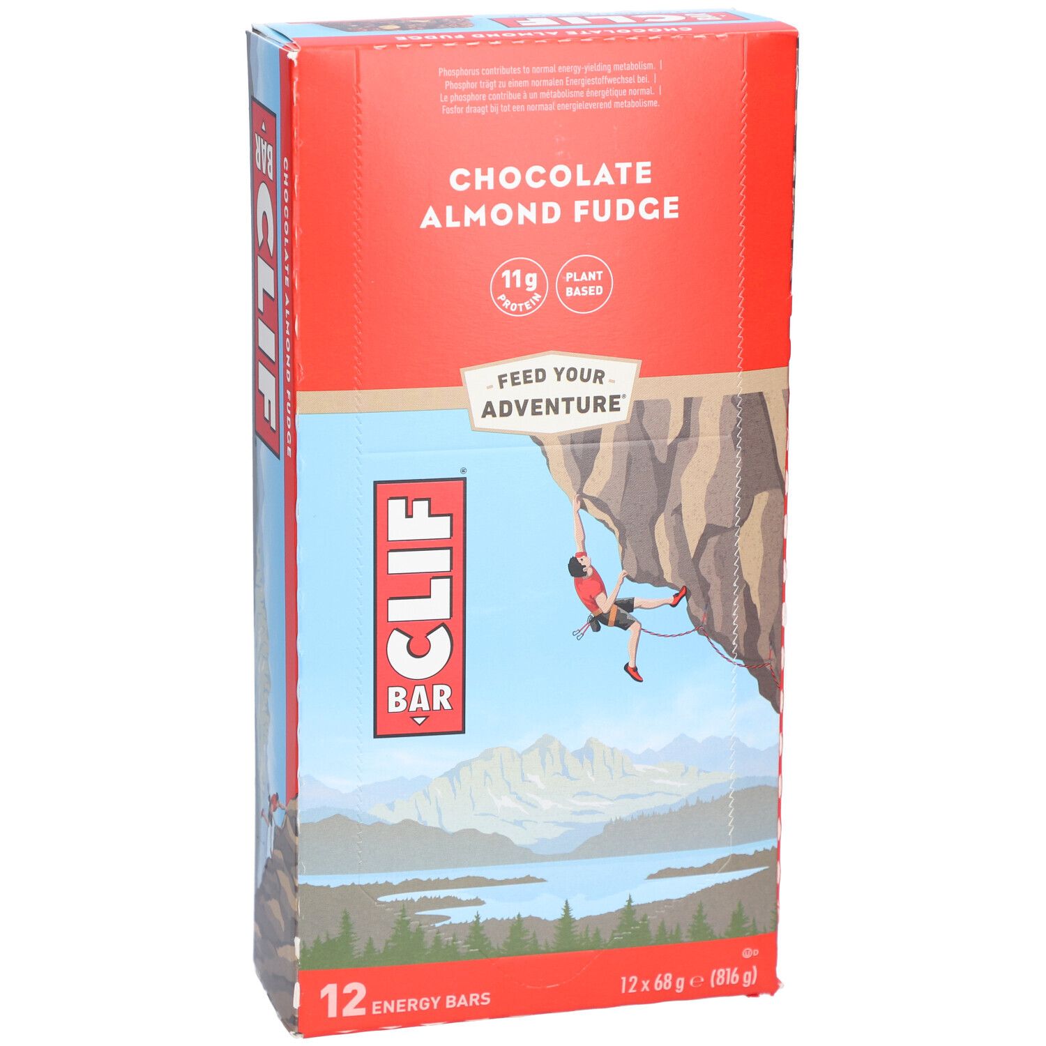 Face avant de l'emballage Clif Bar Chocolate Almond Fudge. Carton rouge avec illustration d'alpiniste et nom du produit.
