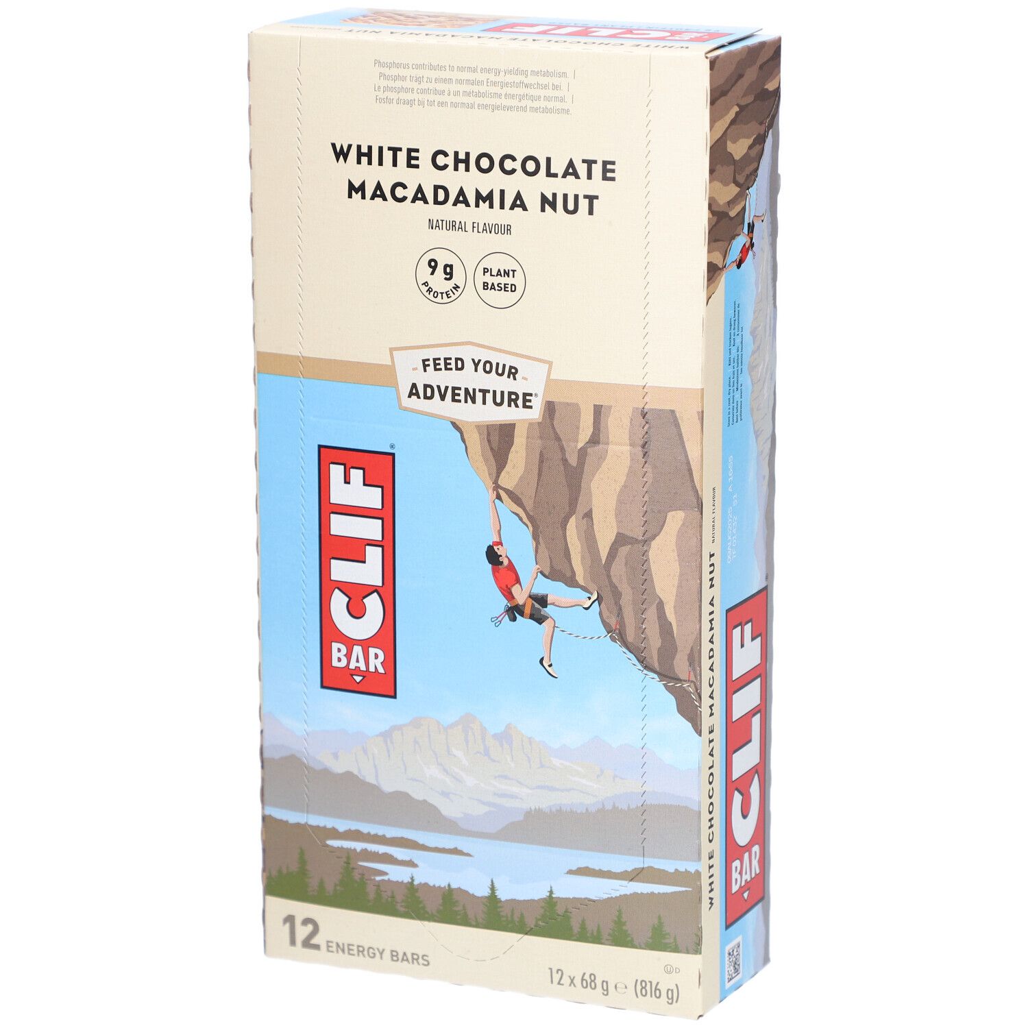 Boîte de 12 barres Clif Bar White Chocolate Macadamia Nut. Inscription : White Chocolate Macadamia Nut, 9g de protéines, végétal.