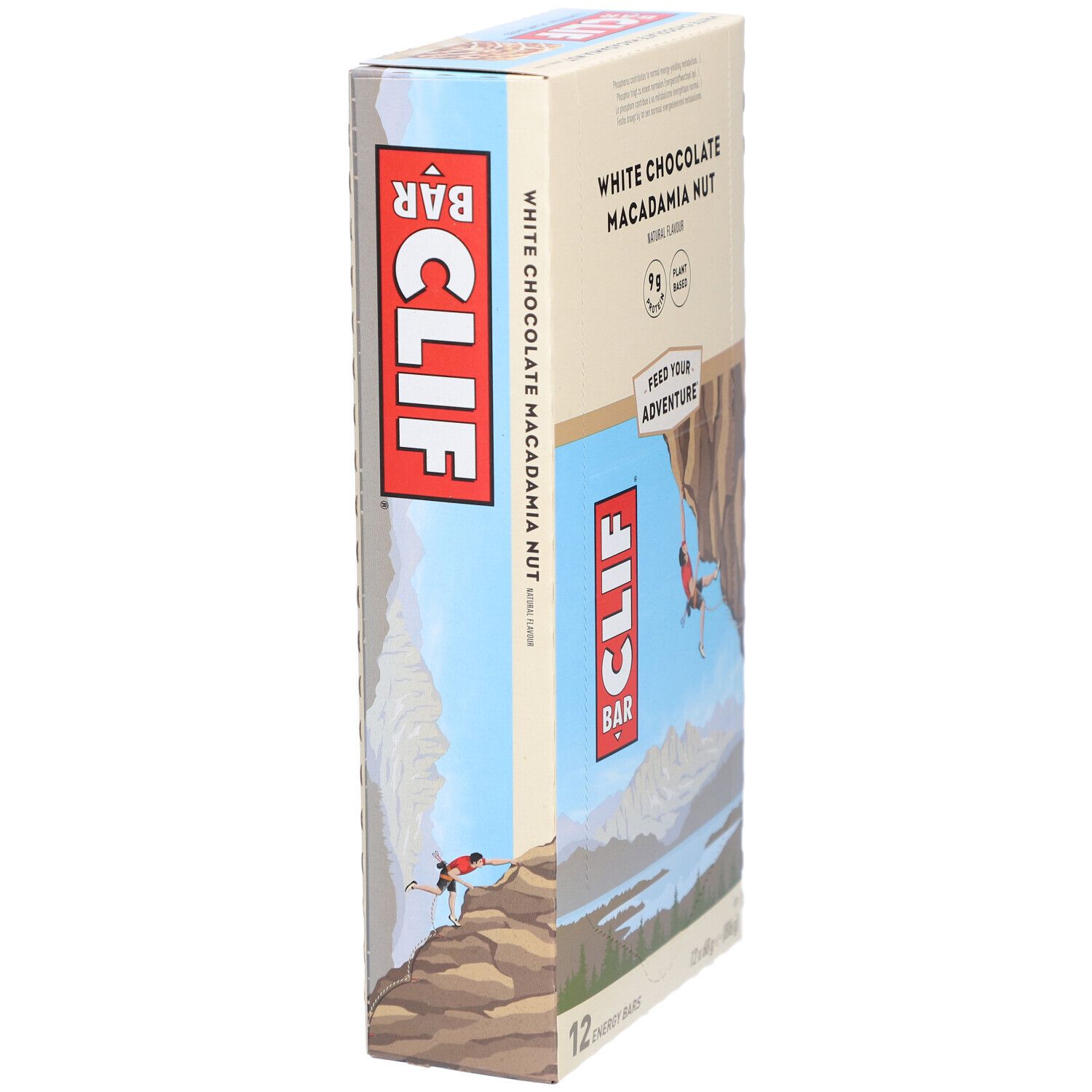 Vue latérale de l'emballage Clif Bar White Chocolate Macadamia Nut. Inscription : White Chocolate Macadamia Nut, 9g de protéines, végétal.