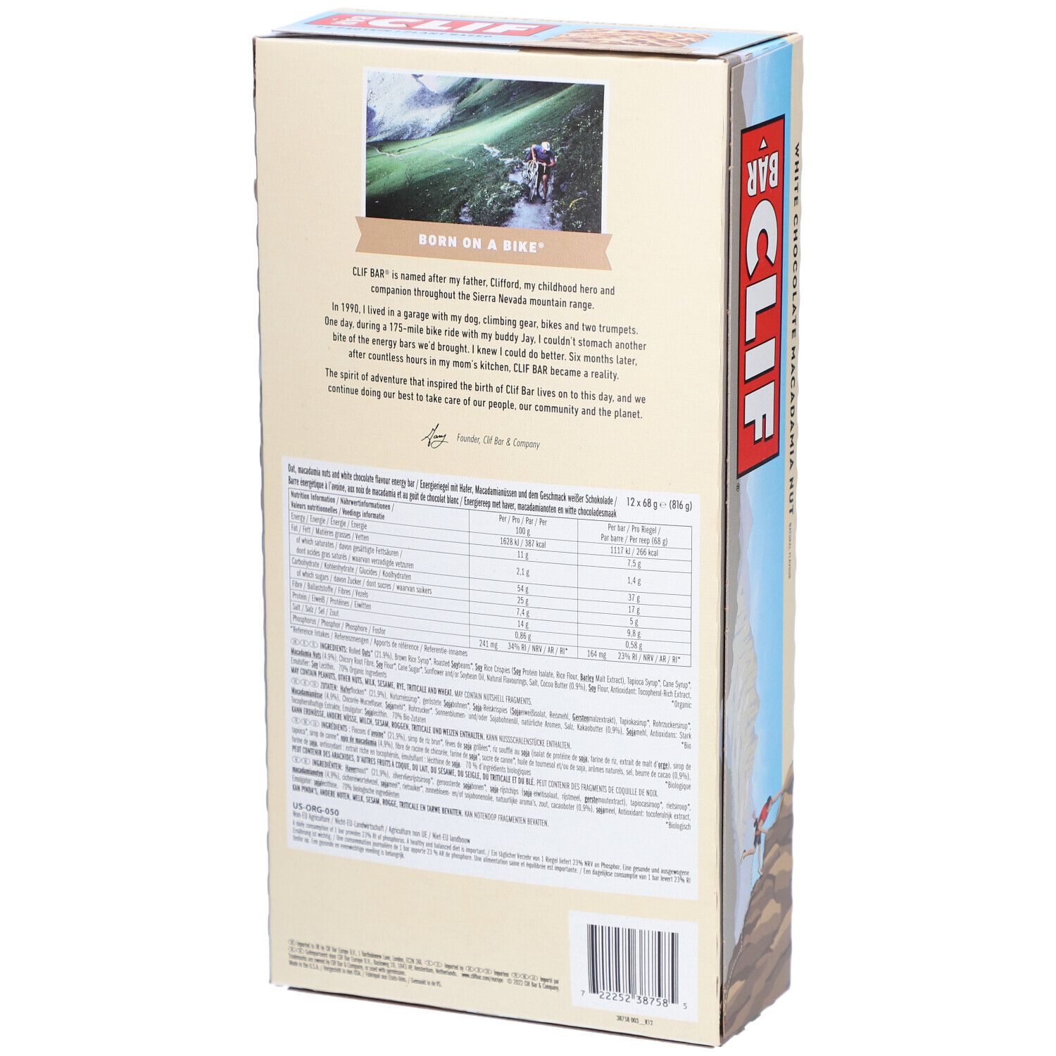 Dos de l'emballage Clif Bar White Chocolate Macadamia Nut. Texte : informations nutritionnelles, liste des ingrédients, histoire de Clif Bar.