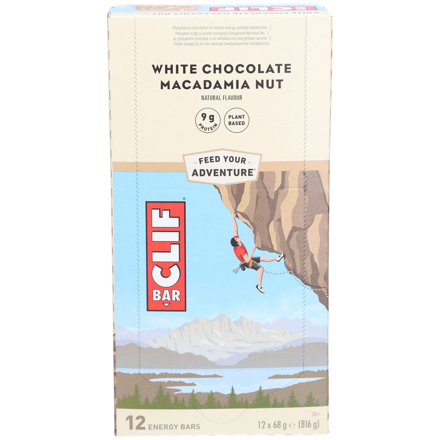 Boîte de 12 barres Clif Bar White Chocolate Macadamia Nut. Inscription : White Chocolate Macadamia Nut, 9g de protéines, végétal.