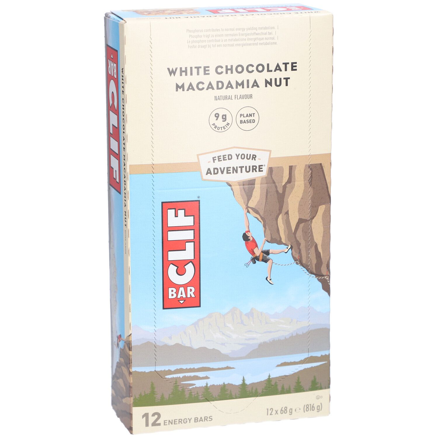 Boîte de 12 barres Clif Bar White Chocolate Macadamia Nut. Inscription : White Chocolate Macadamia Nut, 9g de protéines, végétal.