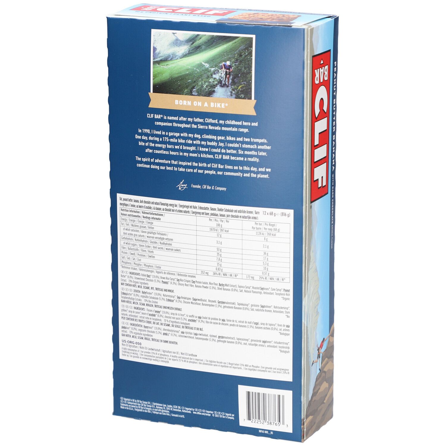 Dos de l'emballage CLIF Bar. Contient des informations nutritionnelles et du texte sur la marque.