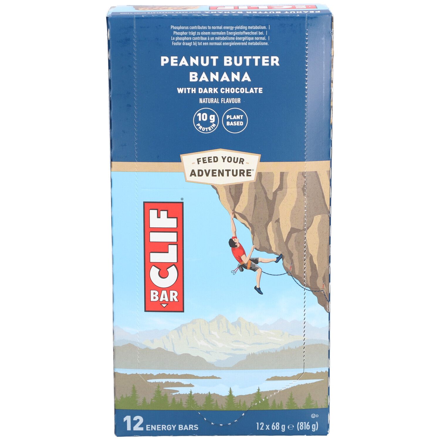 Vue de face de l'emballage CLIF Bar. Inscription: Cacahuète-banane-chocolat noir. 12 barres.
