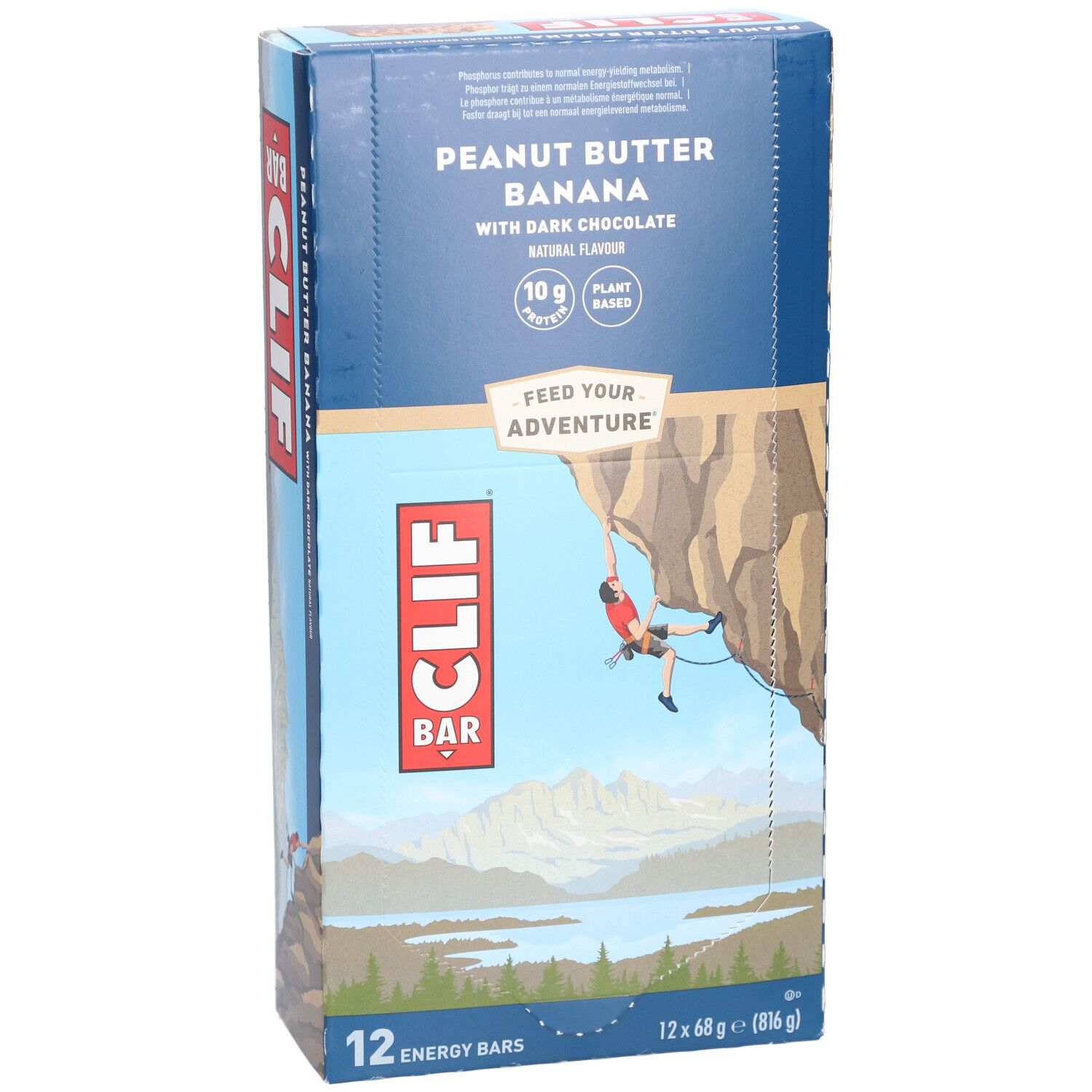 Vue de face de l'emballage CLIF Bar. Inscription: Cacahuète-banane-chocolat noir. 12 barres.