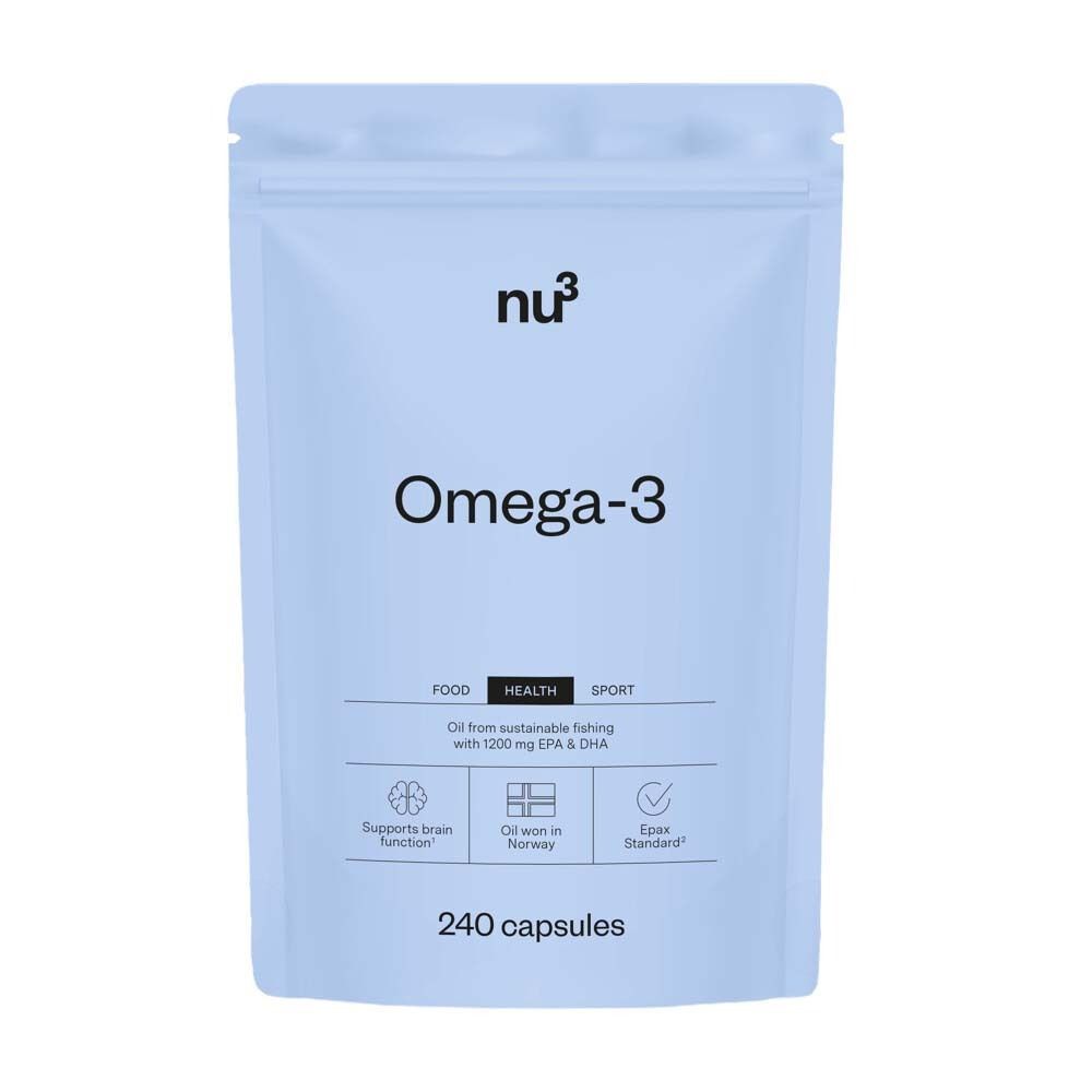 Sachet bleu clair avec "nu3" et "Omega-3". Contient 240 gélules. Texte : "Oil from sustainable fishing".
