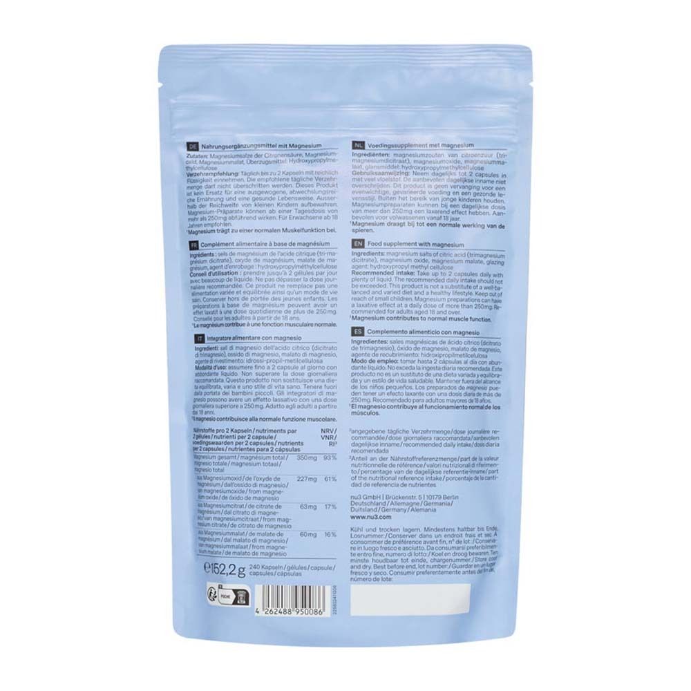 Dos du sachet bleu clair « nu3 Magnesium Komplex ». Contient des informations sur les ingrédients, les valeurs nutritionnelles et l'utilisation en plusieurs langues.