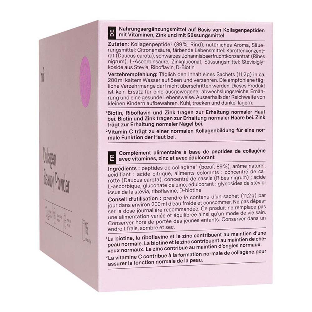 Boîte rose avec texte et informations sur les ingrédients. Contient Collagen Beauty' Powder.