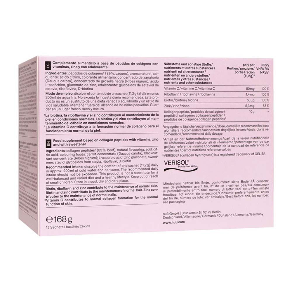 Dos de la boîte rose avec texte et informations sur les ingrédients. Contient Collagen Beauty' Powder.