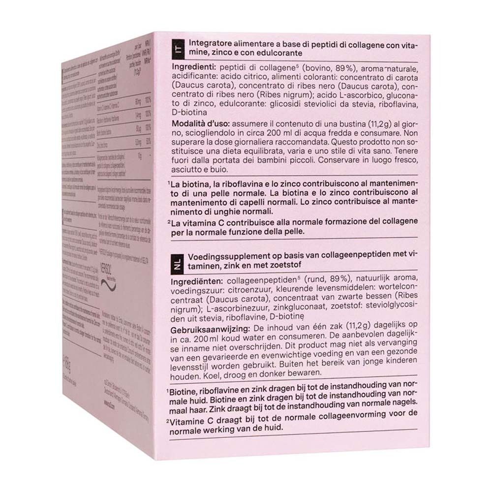 Dos de la boîte rose avec texte et informations sur les ingrédients. Contient Collagen Beauty' Powder.