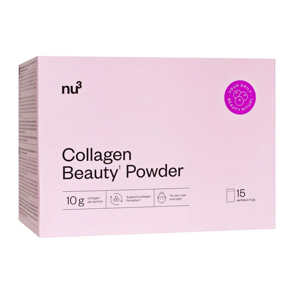 Boîte rose avec logo nu3 et texte Collagen Beauty' Powder. Contient 15 sachets.