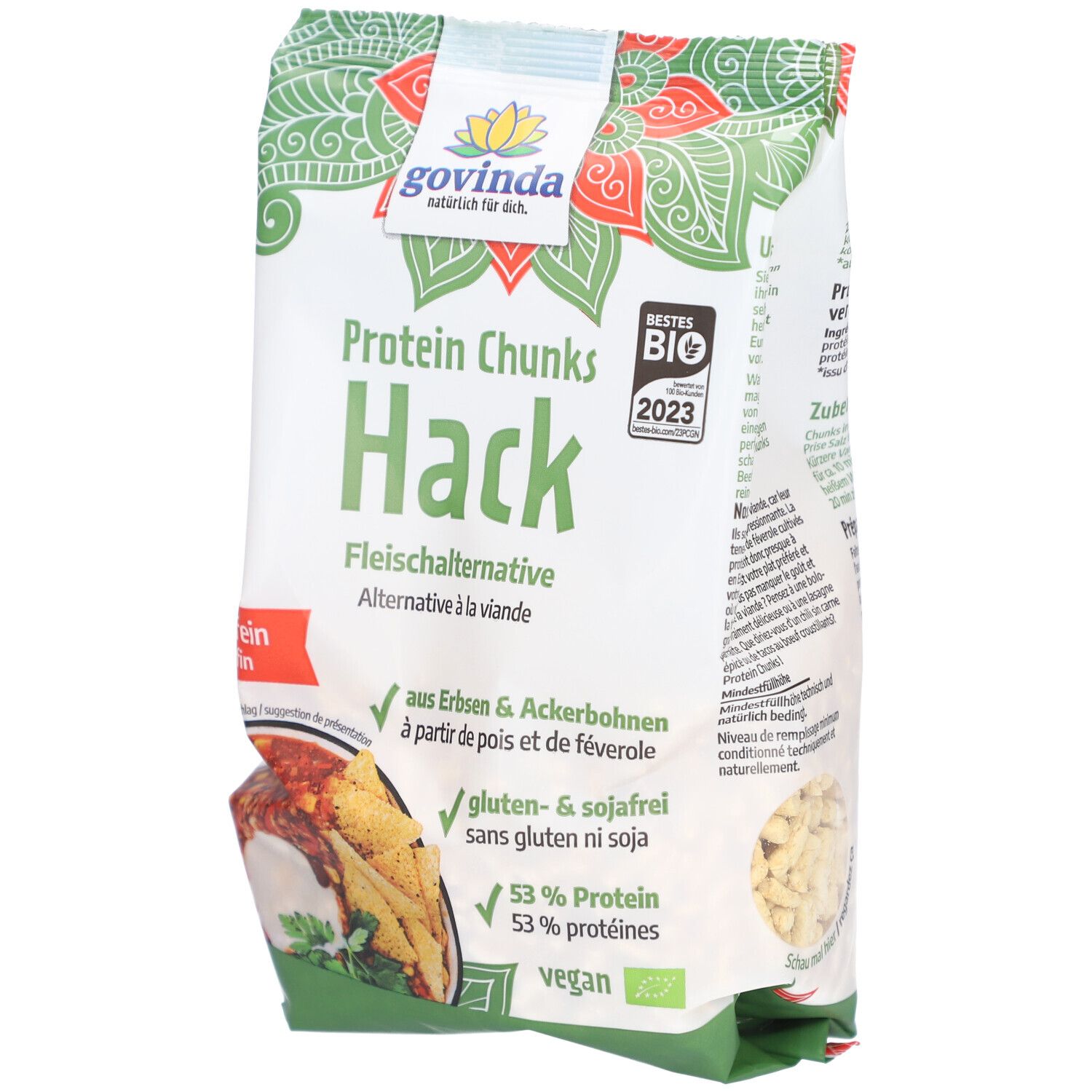 Paquet de Govinda Protein Chunks Hack. Texte: Protein Chunks Hack, alternative à la viande. Contient 53% de protéines, sans gluten ni soja. Vegan.