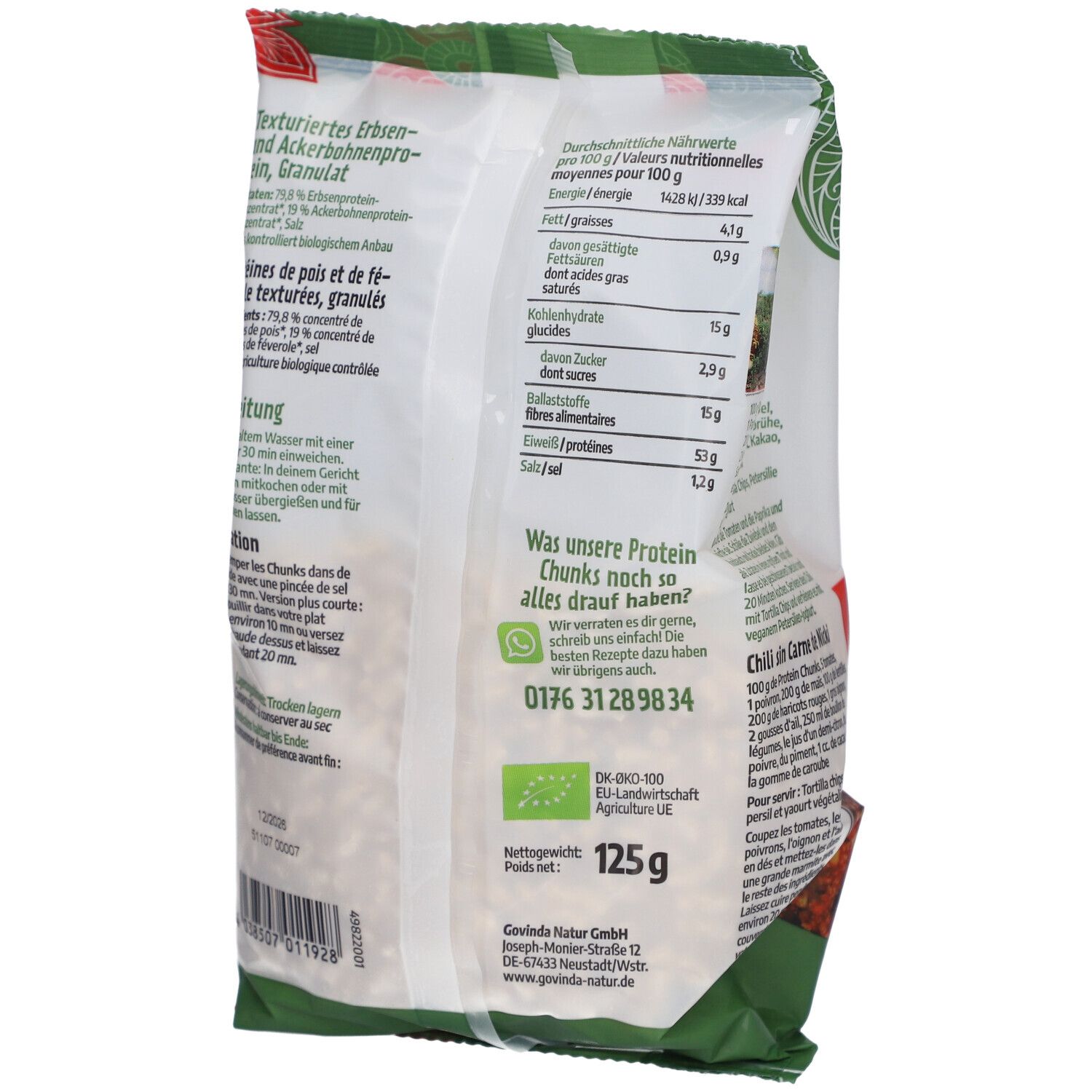 Dos du paquet Govinda Protein Chunks Hack. Texte: informations nutritionnelles, ingrédients, label bio, 125g. Vegan.