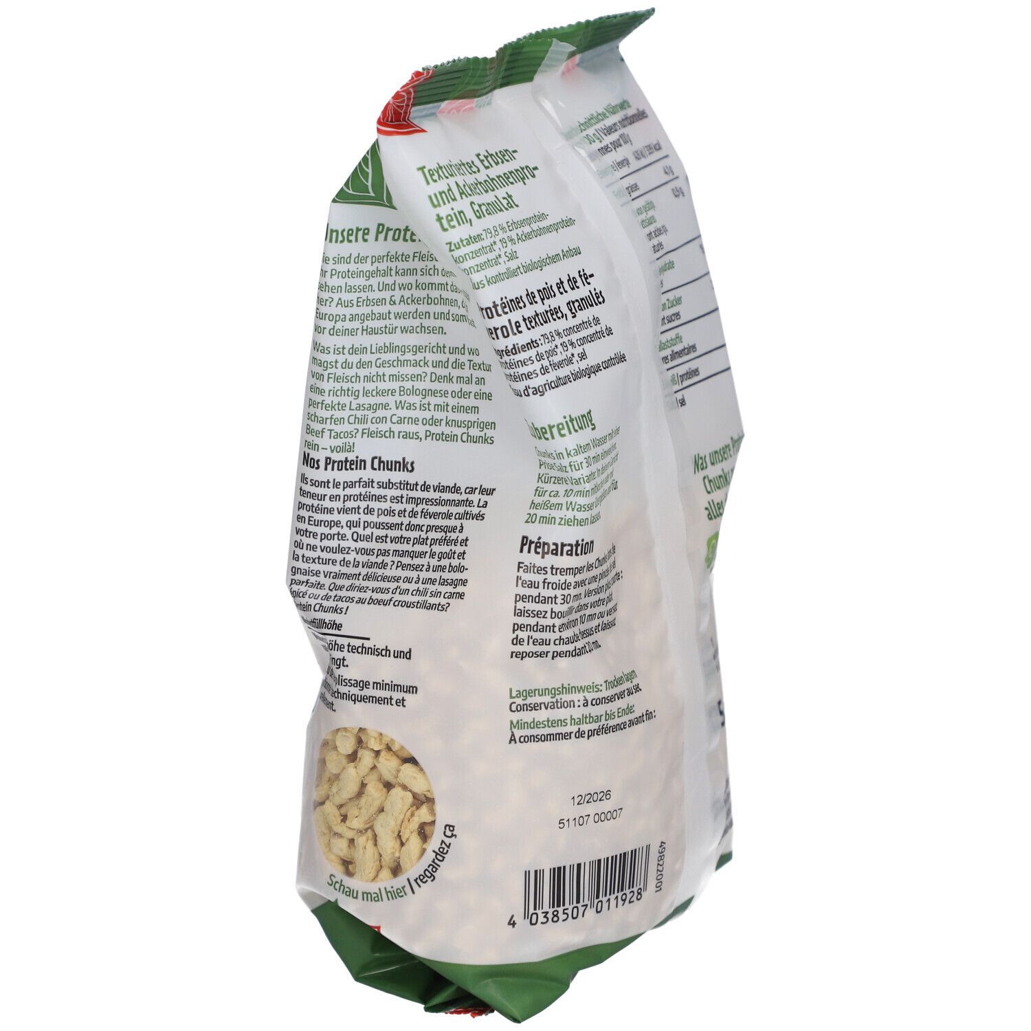 Paquet Govinda Protein Chunks Hack en biais. Texte: préparation, informations nutritionnelles. Label bio. Vegan.