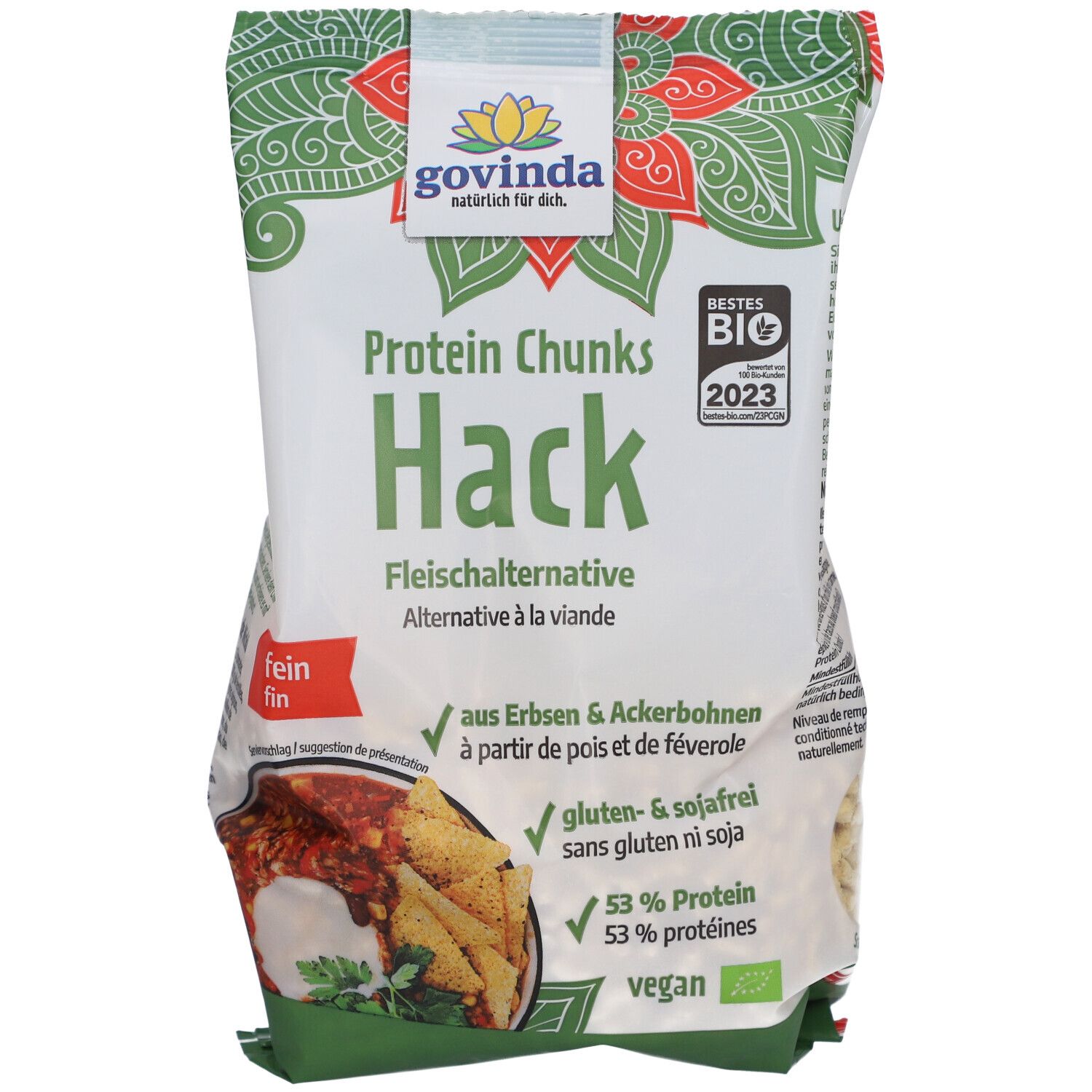 Paquet de Govinda Protein Chunks Hack. Texte: Protein Chunks Hack, alternative à la viande. Contient 53% de protéines, sans gluten ni soja. Vegan.