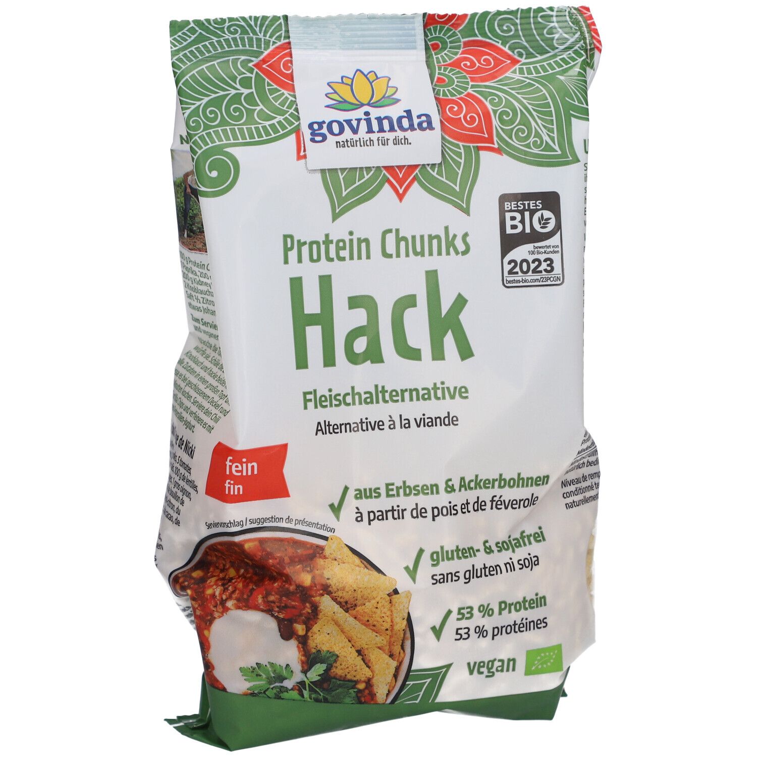 Paquet de Govinda Protein Chunks Hack. Texte: Protein Chunks Hack, alternative à la viande. Contient 53% de protéines, sans gluten ni soja. Vegan.