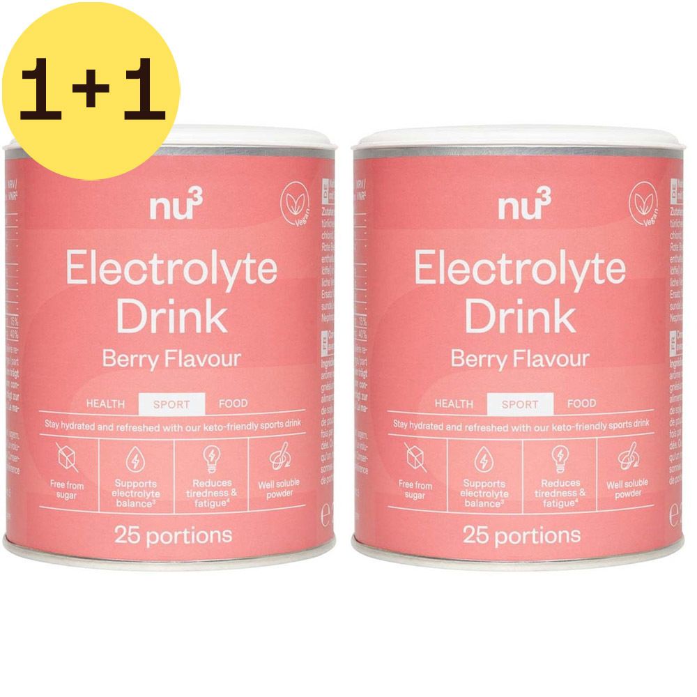 Deux boîtes de nu3 Electrolyte Drink Berry. Inscription : Electrolyte Drink Berry Flavour, 25 portions. Autocollant jaune : 1+1.