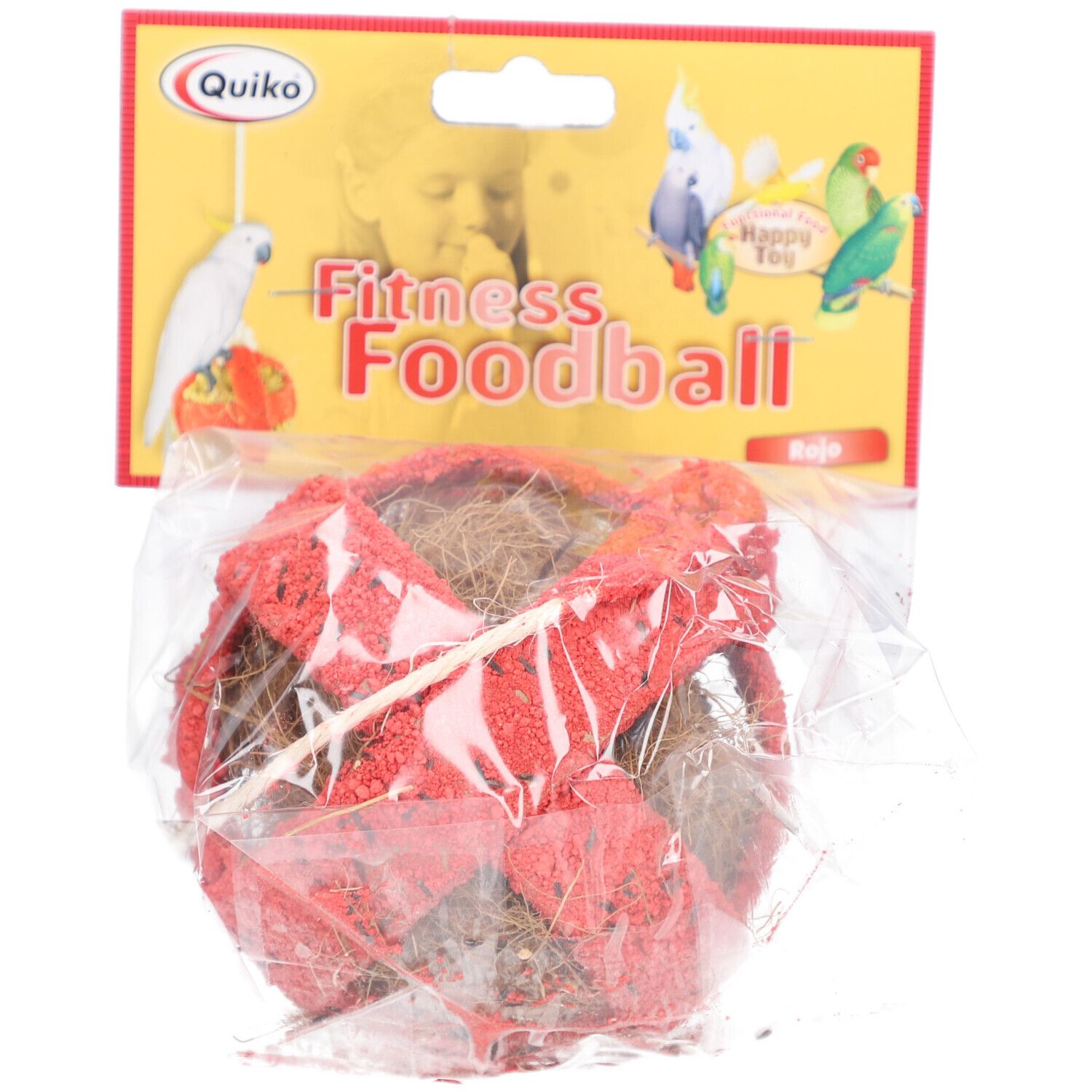 Quiko Fitness Foodball pour oiseaux, balle rouge remplie de noix de coco.
