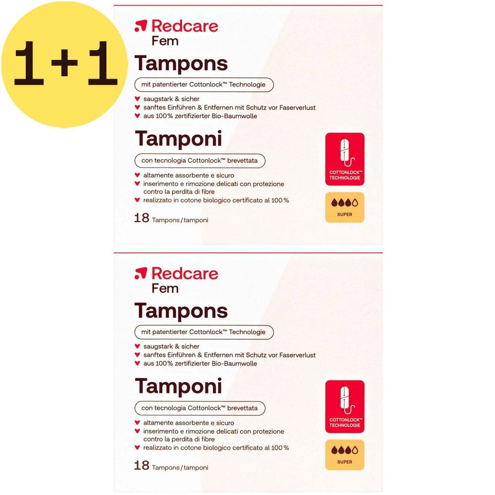 Deux boîtes de tampons Redcare Fem. Offre 1+1. Emballage avec informations produit et logo.