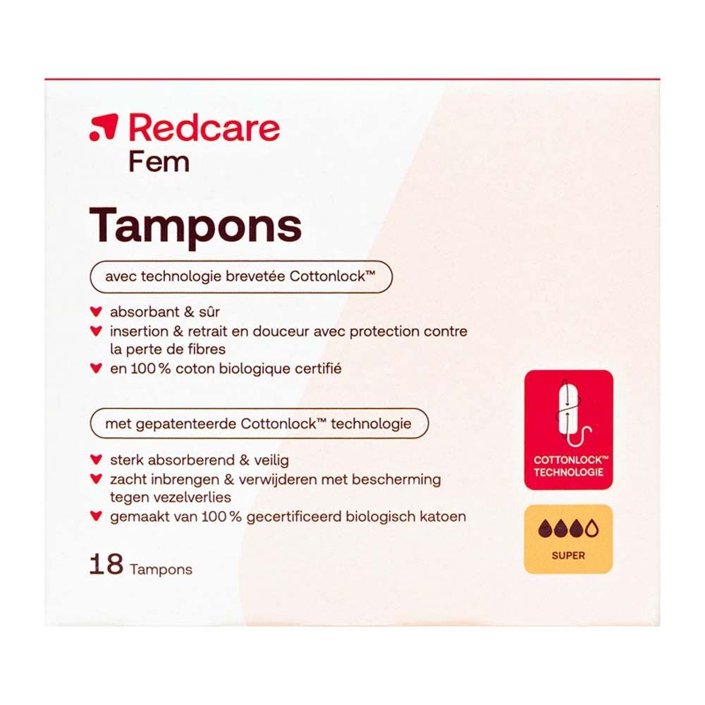 Emballage de tampons Redcare Fem. Inscription : Tampons, technologie Cottonlock, 18 pièces, Super.