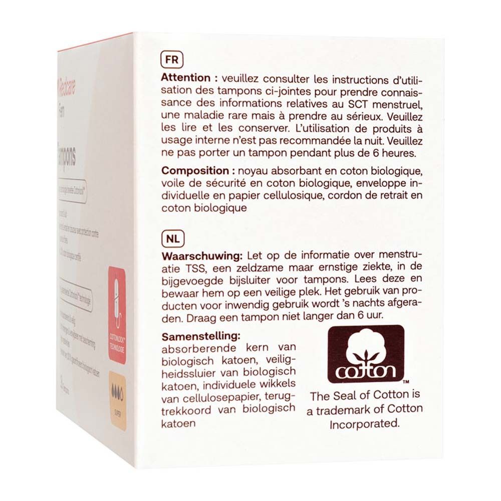 Dos de l'emballage de tampons. Texte en allemand, italien, français et néerlandais. Logo coton.