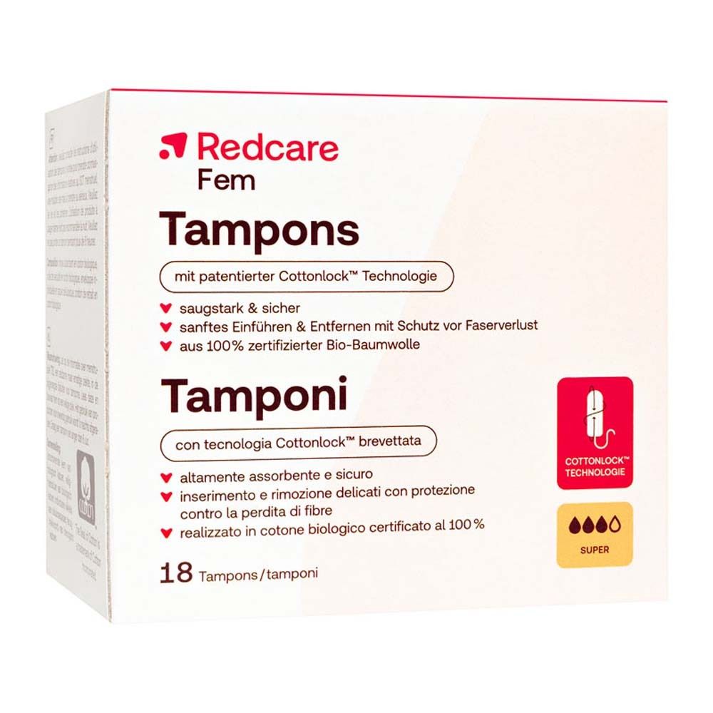 Emballage de tampons Redcare Fem. Inscription : Tampons, technologie Cottonlock, 18 pièces, Super.