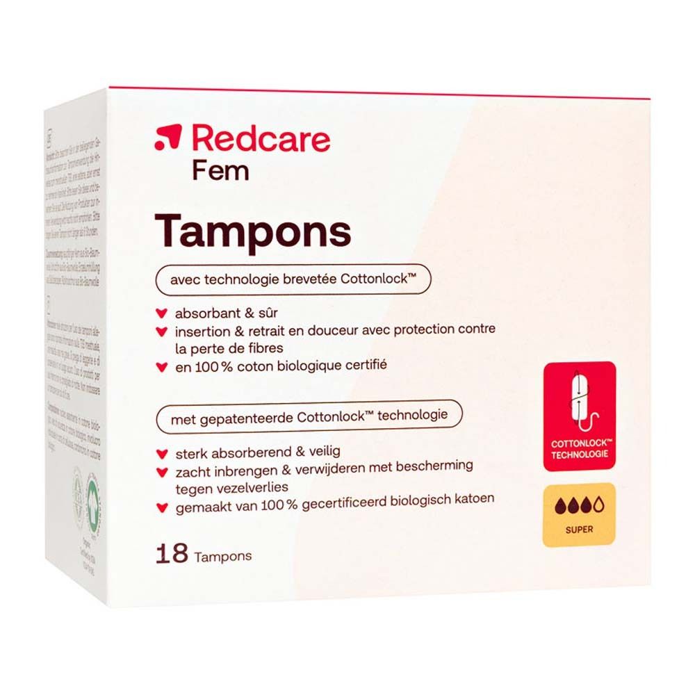 Emballage de tampons Redcare Fem. Inscription : Tampons, technologie Cottonlock, 18 pièces, Super.