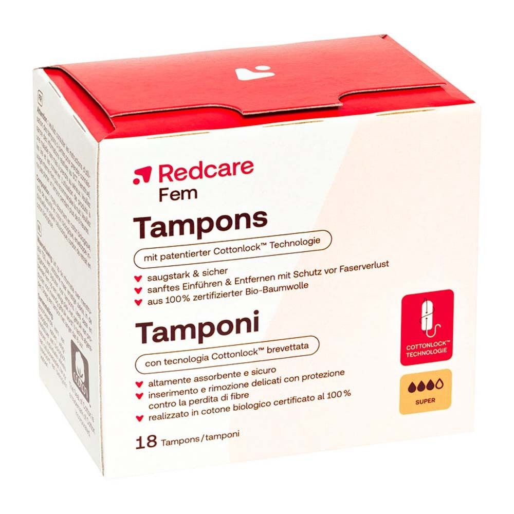 Emballage de tampons Redcare Fem. Inscription : Tampons, technologie Cottonlock, 18 pièces, Super.