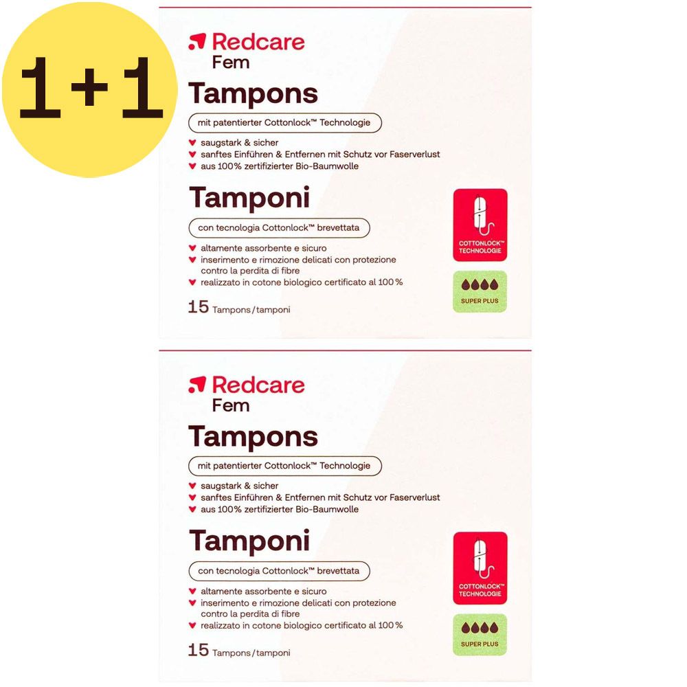 Deux boîtes de tampons Redcare Fem. Inscription: Tampons, technologie Cottonlock, 15 pièces, Super Plus.