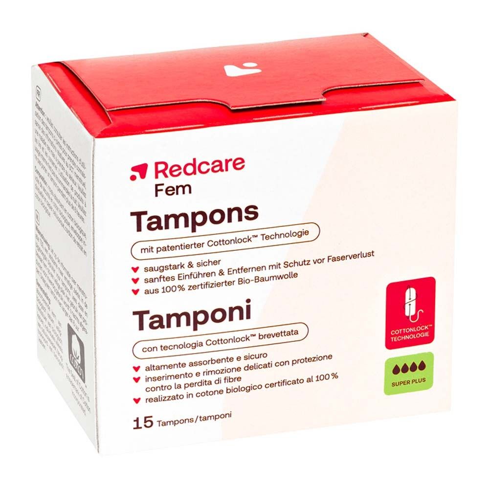Boîte de tampons Redcare Fem. Contient 15 tampons. Avec technologie Cottonlock et absorption Super Plus.
