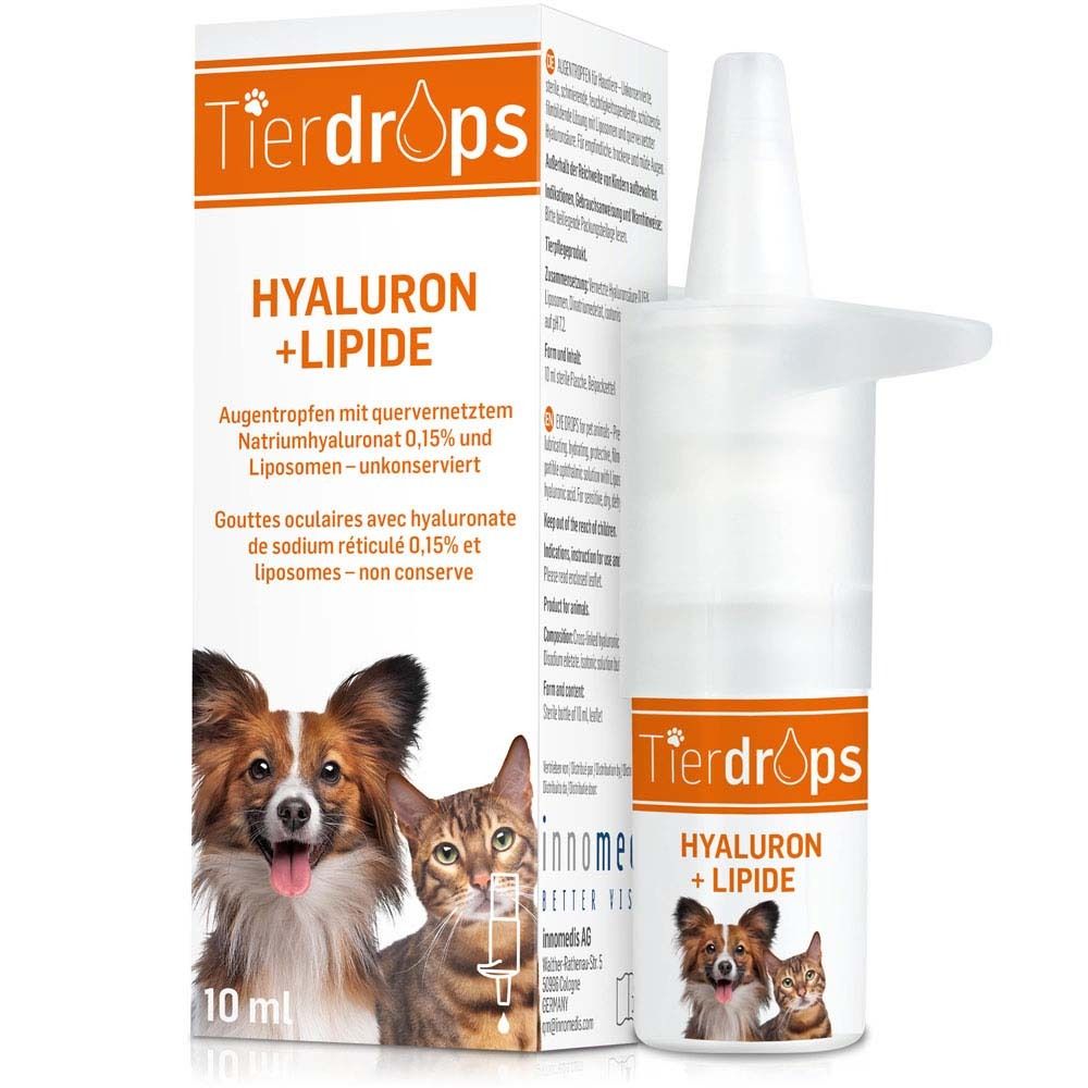 Boîte de gouttes oculaires. Carton blanc avec nom du produit et images de chien et chat.