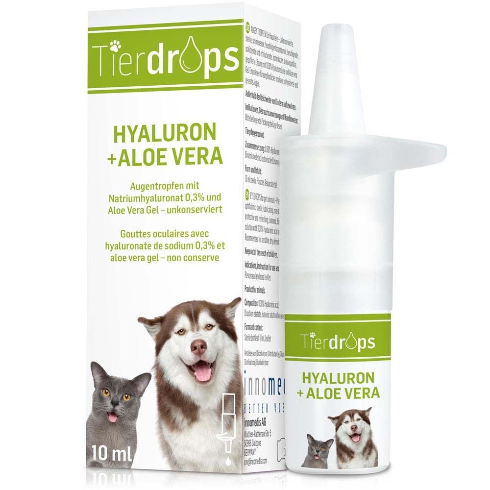 Boîte de gouttes oculaires avec flacon. Inscription : Tierdrops Hyaluron + Aloe Vera. Illustration chien et chat.