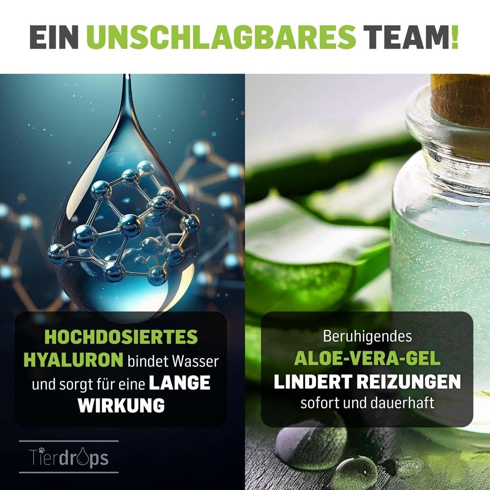 Deux gouttes avec structure moléculaire et gel d'aloe vera. Texte : L'acide hyaluronique à haute dose lie l'eau. Gel d'aloe vera apaisant.