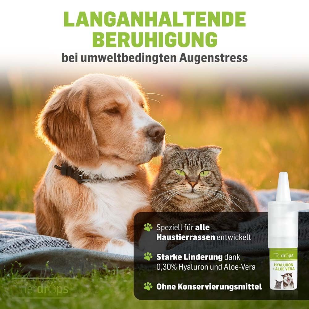 Chien et chat. Texte : Soulagement durable du stress oculaire environnemental. Spécialement conçu pour toutes les races d'animaux.