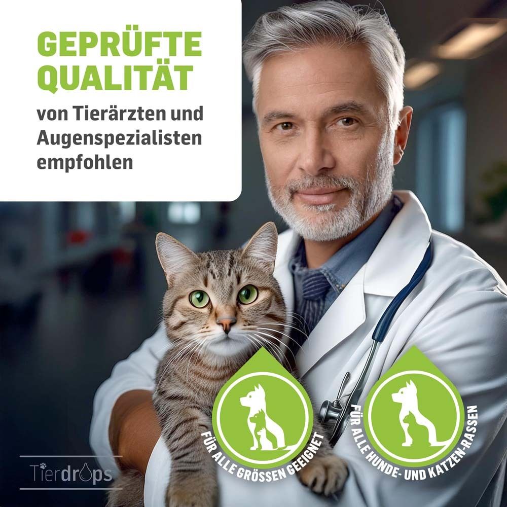 Vétérinaire avec chat. Texte : Qualité éprouvée recommandée par les vétérinaires et les spécialistes des yeux. Convient à toutes les tailles.