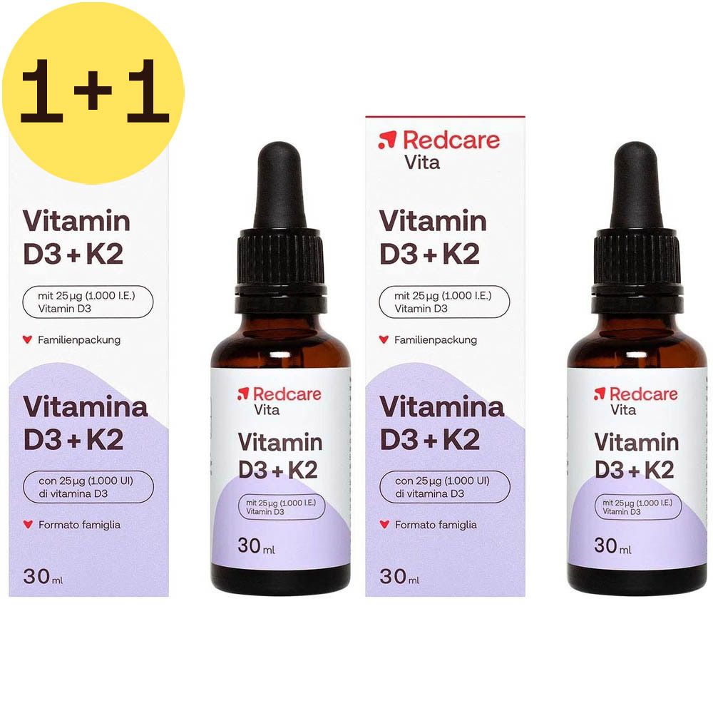 Deux flacons Redcare Vita Vitamine D3 + K2. Flacons en verre brun avec pipette noire. Inscription : 30 ml.