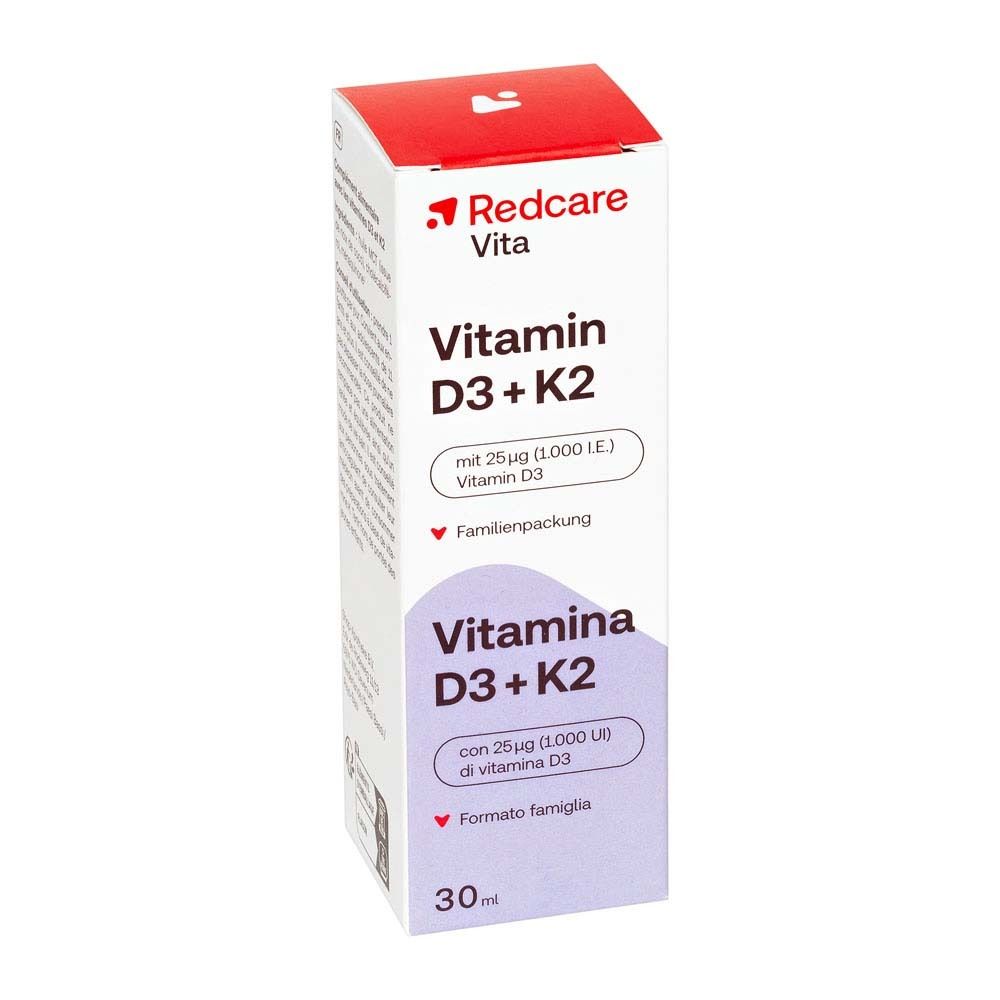 Emballage de Redcare Vita Vitamine D3 + K2. Boîte blanche avec nom du produit et informations en allemand et italien.