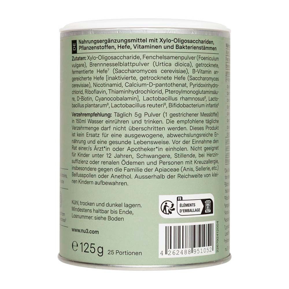 Dos de la boîte. Liste des ingrédients, valeurs nutritionnelles et recommandations d'utilisation. Contient xylo-oligosaccharides, levure, vitamines.