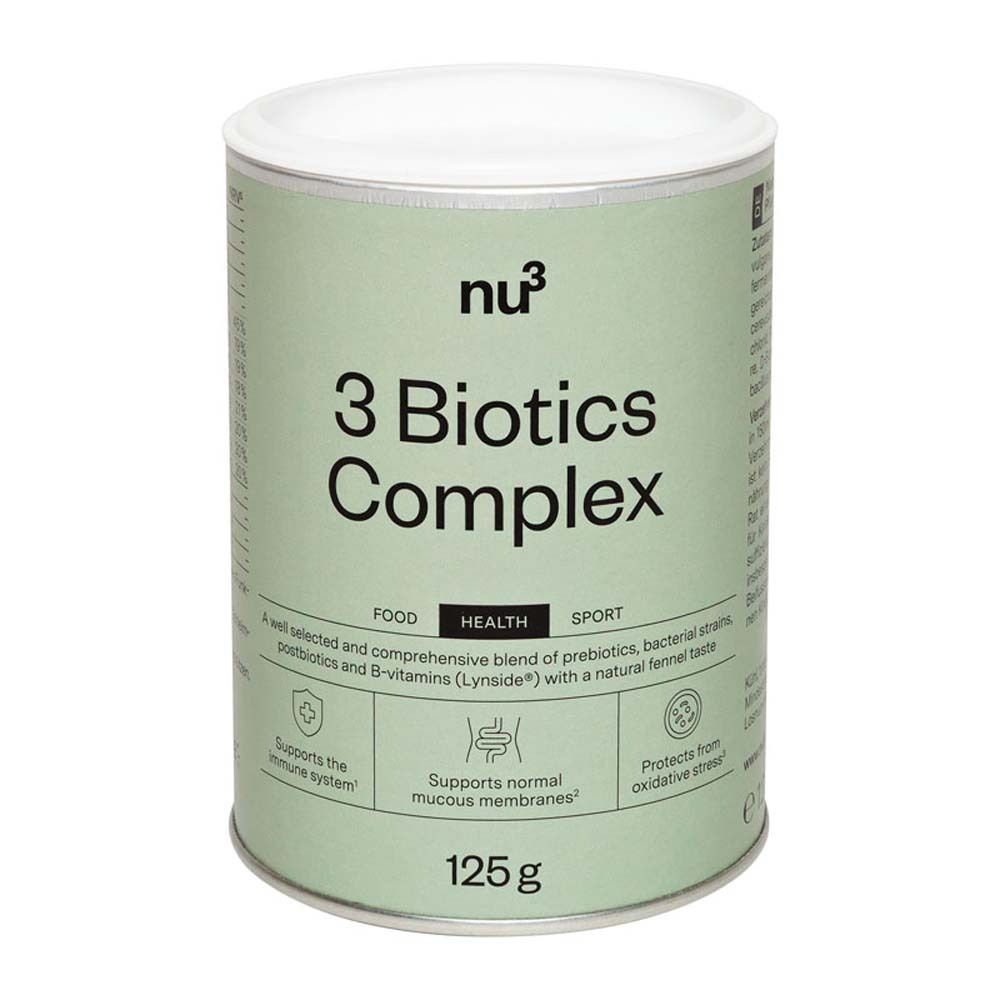 Boîte cylindrique avec couvercle. Inscription : nu3, 3 Biotics Complex, 125g. Contient pré-, pro- et postbiotiques, vitamines B.
