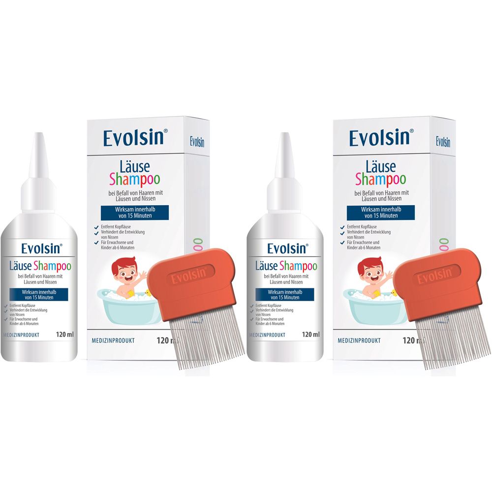 Trois flacons et deux boîtes de shampooing anti-poux avec peignes. Inscription : Evolsin Läuse Shampoo.