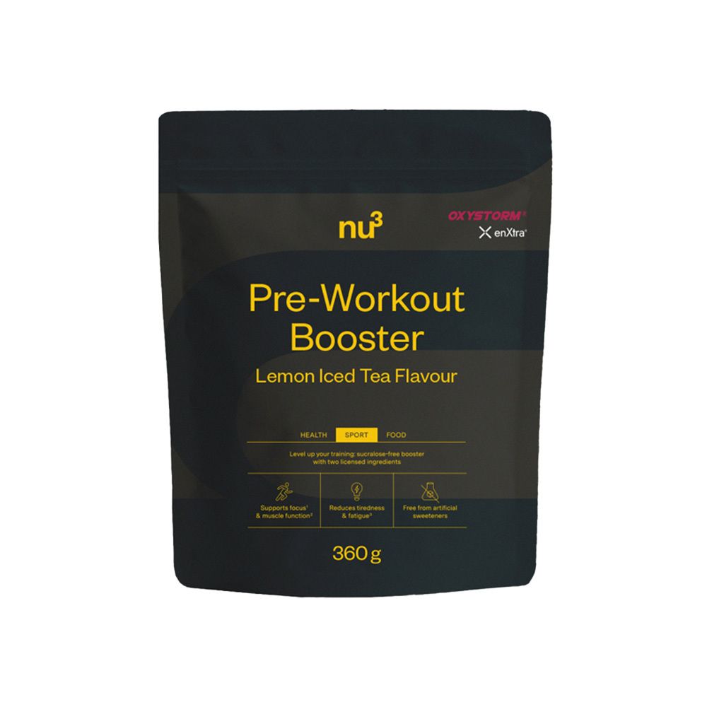 Emballage noir "nu3 Pre-Workout Booster". Texte jaune, 360g. Goût thé glacé citron. Logo et texte.
