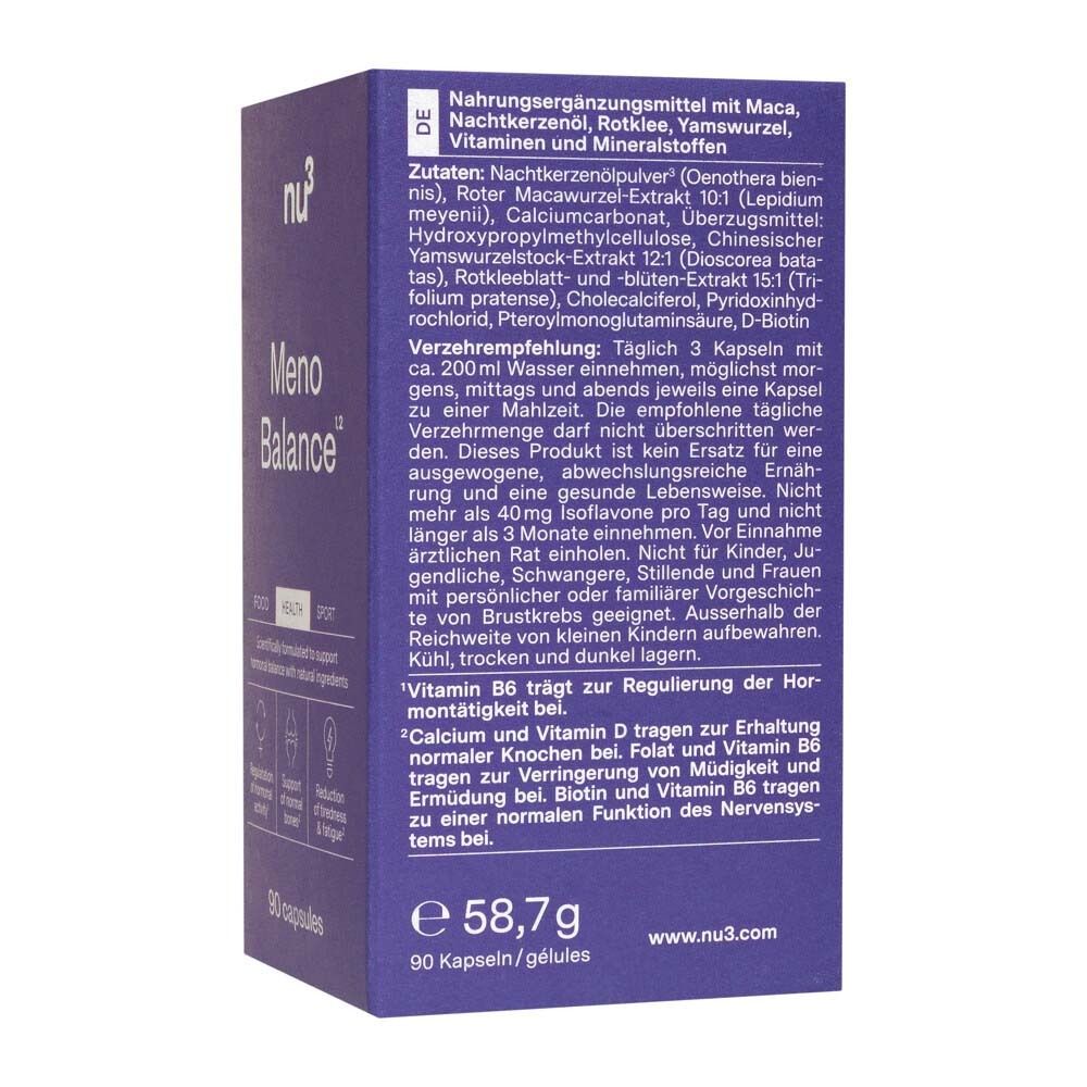 Dos de la boîte. Ingrédients et instructions en allemand. Marque: nu3 Meno Balance.