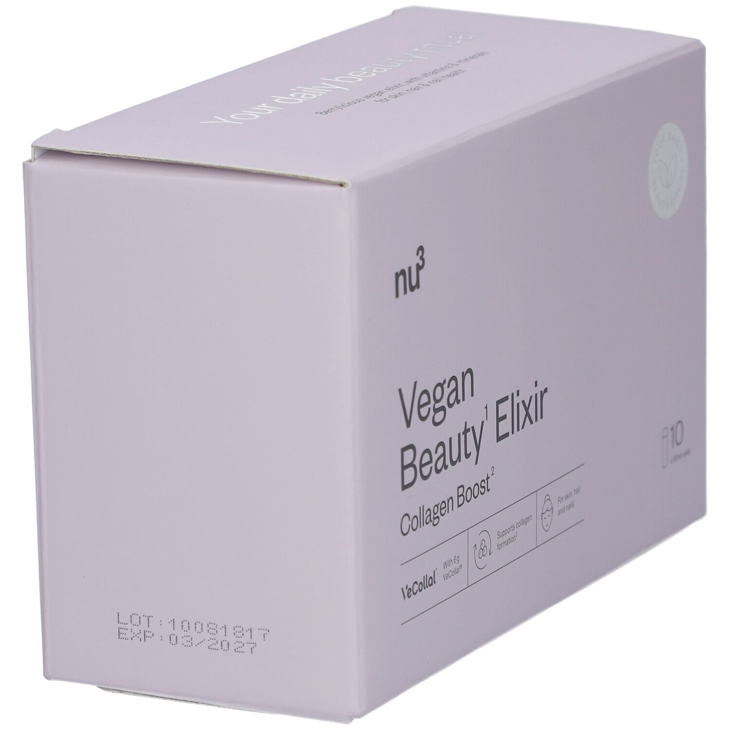 Boîte rose avec nu3 Vegan Beauty Elixir Collagen Boost. Logo, nom du produit, 10 flacons. Date de péremption.
