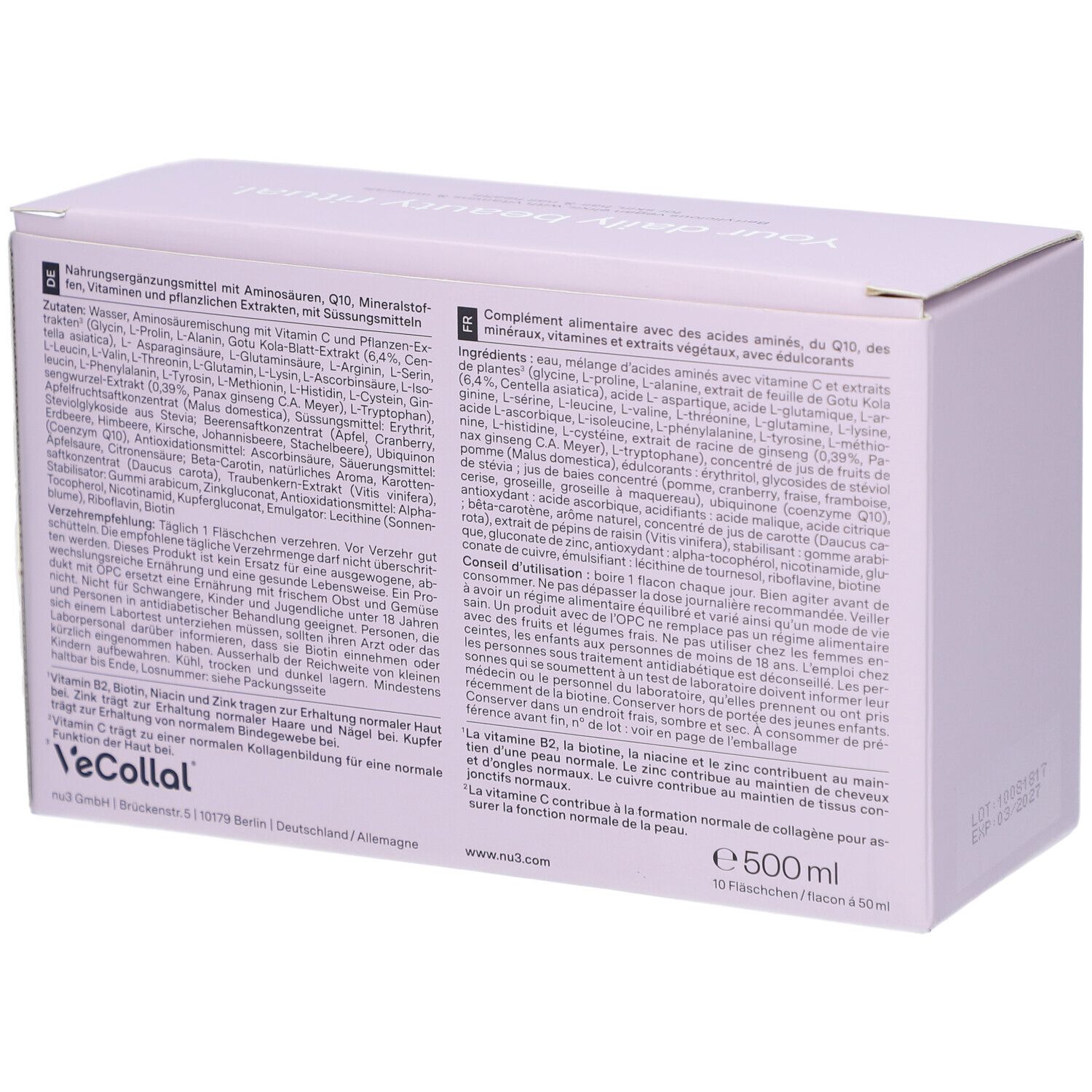 Dos de l'emballage de nu3 Vegan Beauty Elixir Collagen Boost. Ingrédients et tableau nutritionnel.