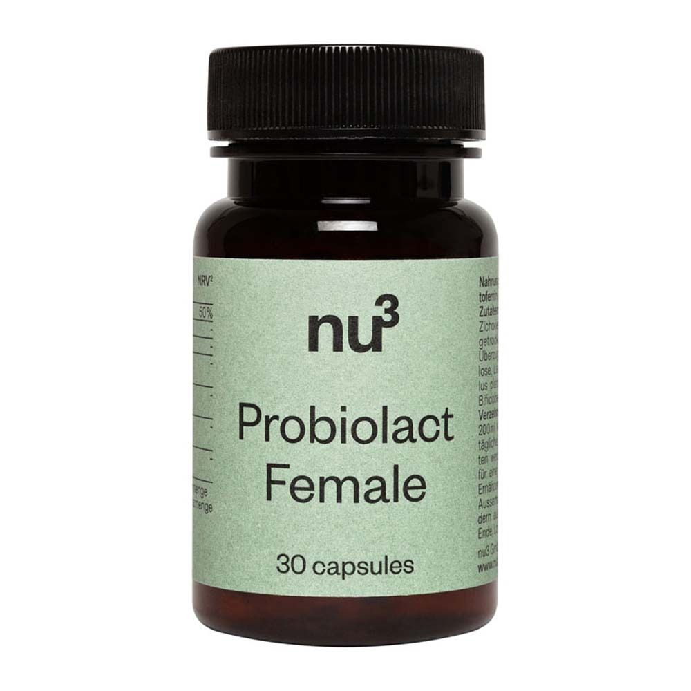 Une bouteille marron avec un couvercle noir. L'étiquette indique "nu3 Probiolact Female" et d'autres informations sur le produit.