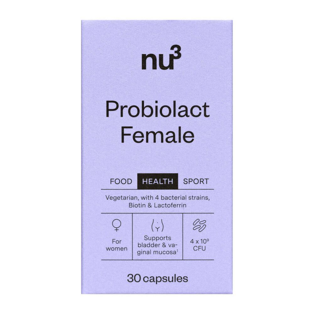 Avant d'une boîte de nu3 Probiolact Female avec 30 gélules.