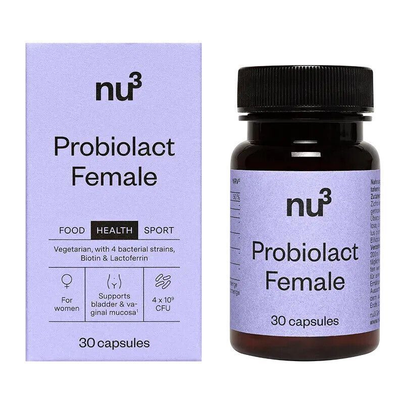 Image du produit nu3 Probiolact Female avec un flacon et des gélules.