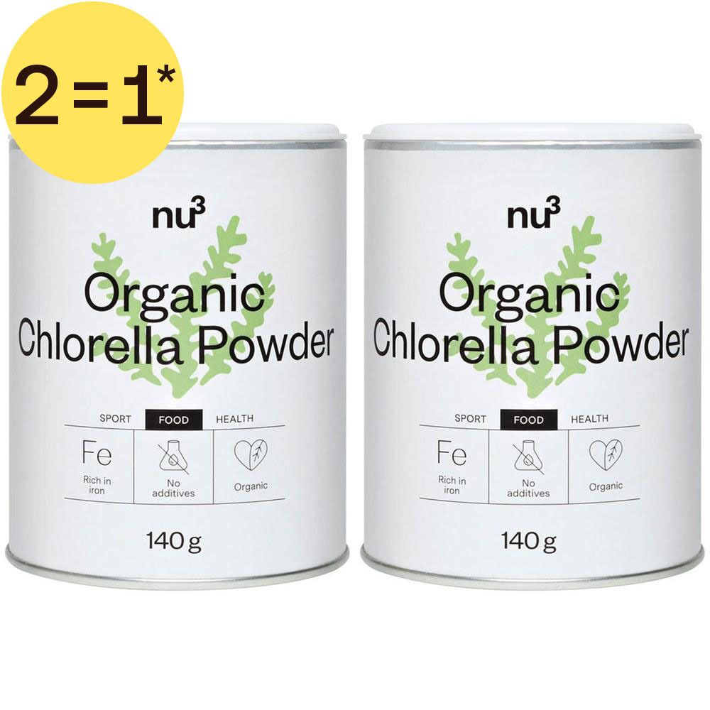 Deux boîtes de poudre de chlorelle bio nu3, 140g chacune. Riche en fer, sans additifs, qualité bio.