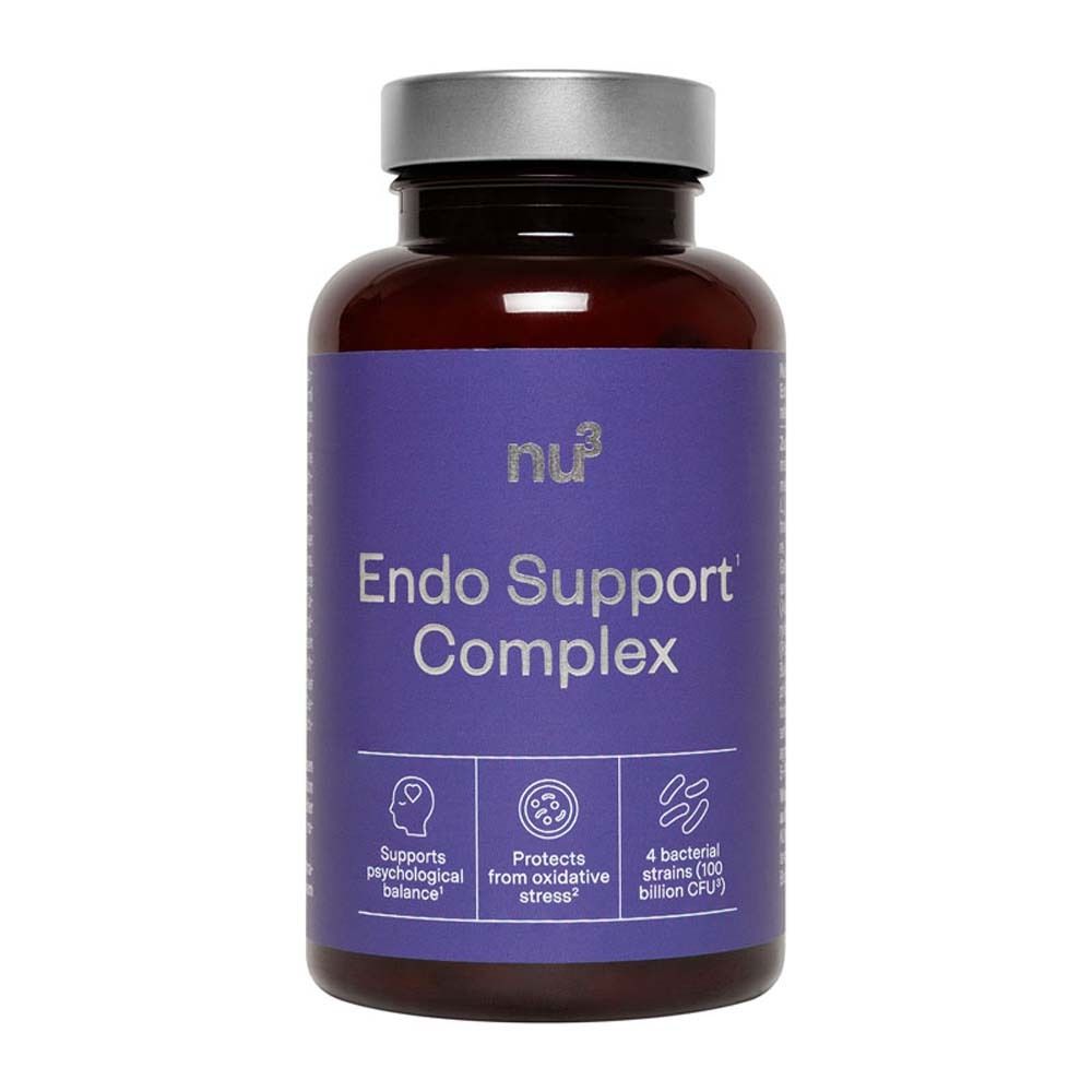 Flacon marron avec étiquette bleue. Inscription : nu3 Endo Support Complex. Contient 120 gélules.